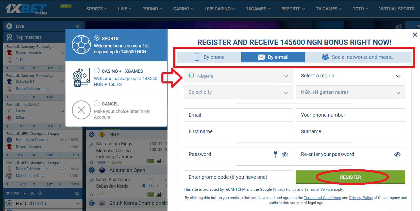 1xBet Registration by E-Mail